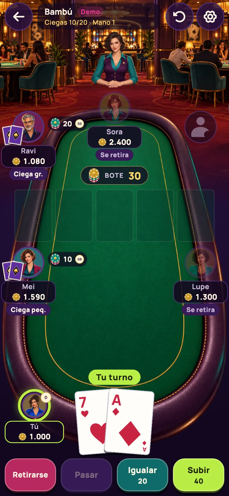 Mesa de Naiko con cartas, fichas y controles de apuesta